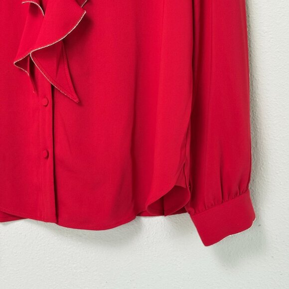Chicos Ruffle Front Button Up Blouse Size 2 US 12 Red V Neck Sparkle Trim Top - Picture 5 of 12